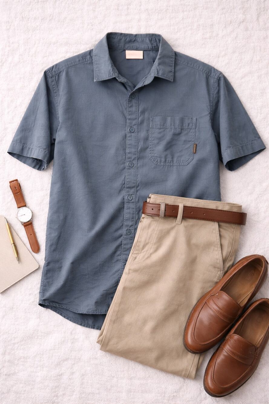 Columbia Men's Classic Cotton Button-Up Short Sleeve Shirt Solid Blue Size M